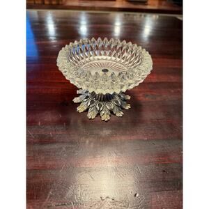 Vintage Cut Crystal Bowl 5.5"-Ornate SilverTone Acanthus Leaf Pedestal